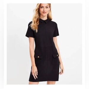 NWT Loft Women's Ponte Button Black and Gold Collared Pocket Shirt Dress‎ Medium